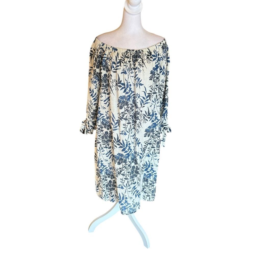 Francesca Bettini Linen Dress Floral On Or Off Shoulder Tie Sleeve Womens Med